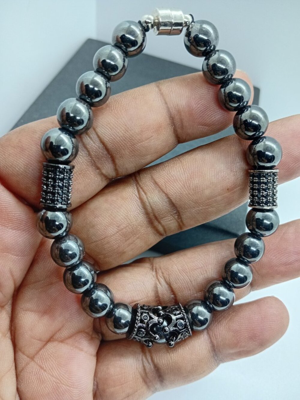 Natural Hematite Stretch Bracelet Black Crowns Magnet Clasp Healing 8MM Men